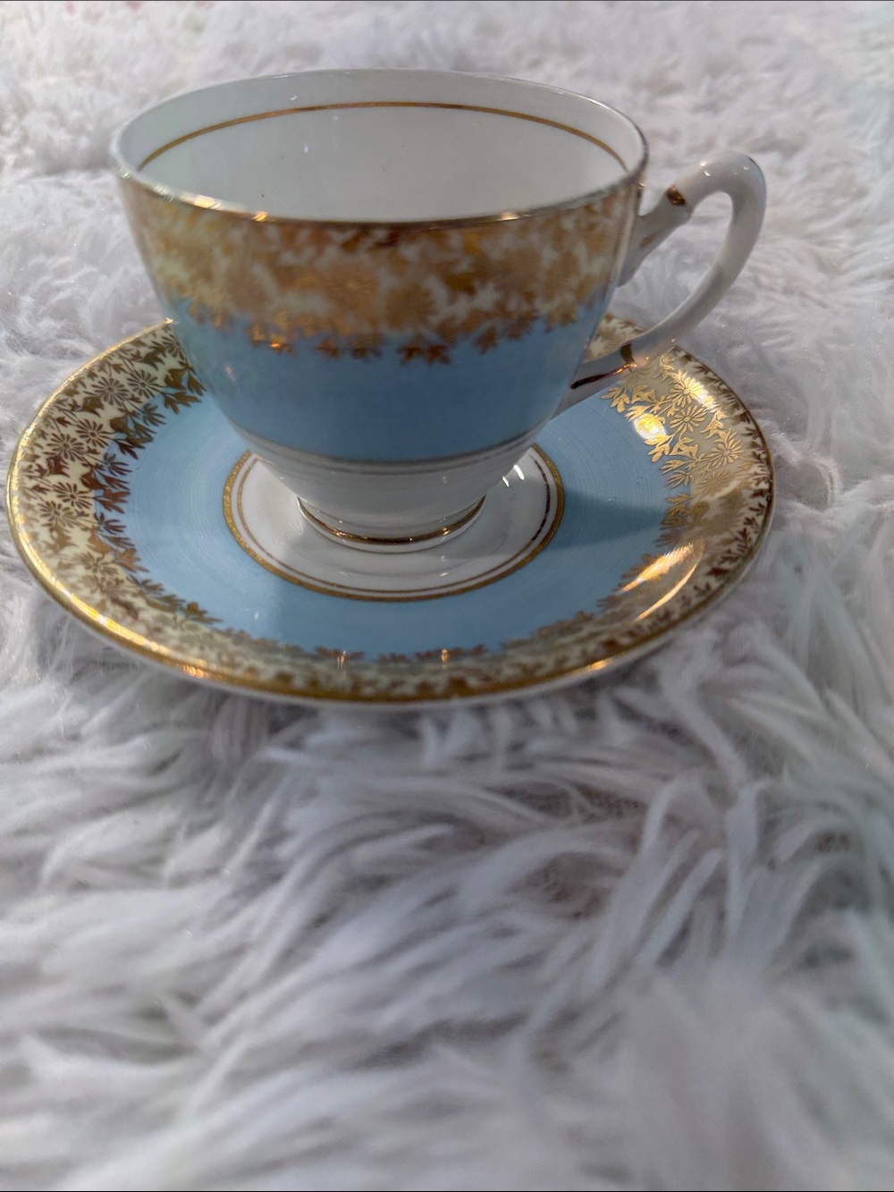Vintage Royal Stafford Fine Bone China Blue & Gold Floral Tea Cup & Saucer Set